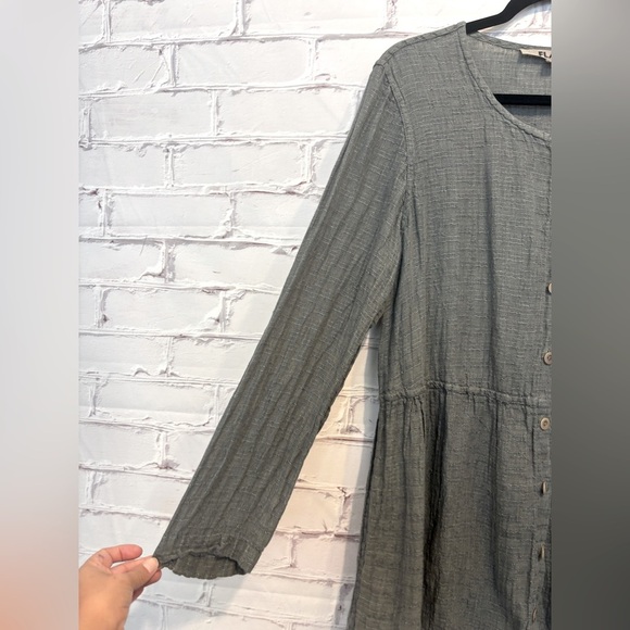 Flax Gray Textured Tunic Dress Medium Button Front Tie Waist Lagenlook - Picture 4 of 6